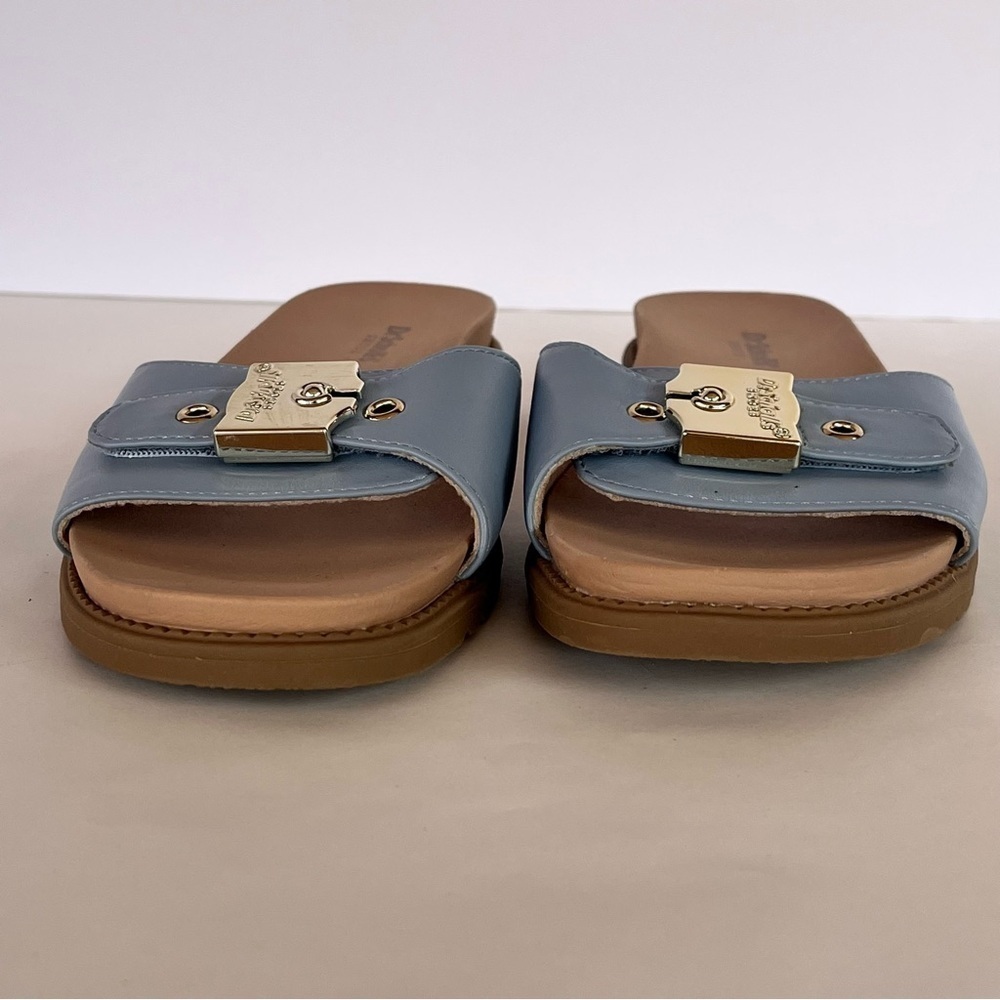 New Dr. Scholl's Island Icon Summer Blue Tan Slide Sandals Gold Buckle Women's 7 - Picture 6 of 7